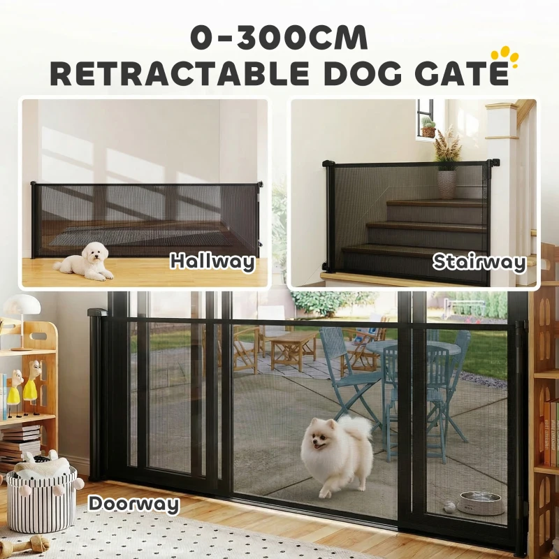PawHut Retractable Dog Gate, Extends to 300 cm Wide & 104 cm Tall, Mesh Pet Gate Single Hand Operation, for Stairs Doorways