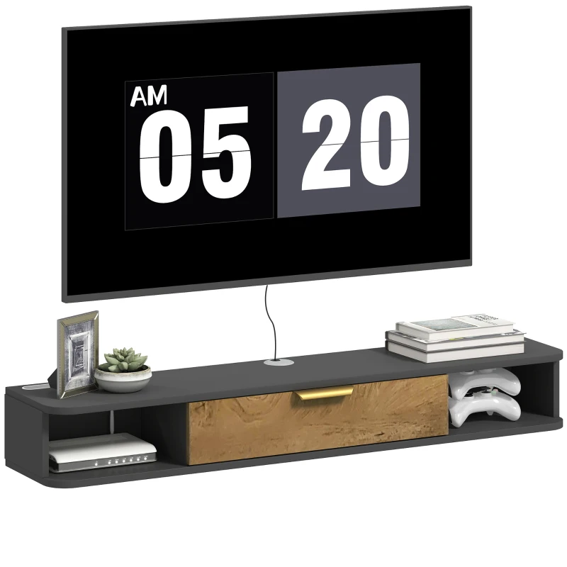 HOMCOM Meuble TV Suspendu avec Compartiments Ouverts, Porte Rabattable et Passe-Câbles, 120 x 24 x 16 cm, Gris Foncé