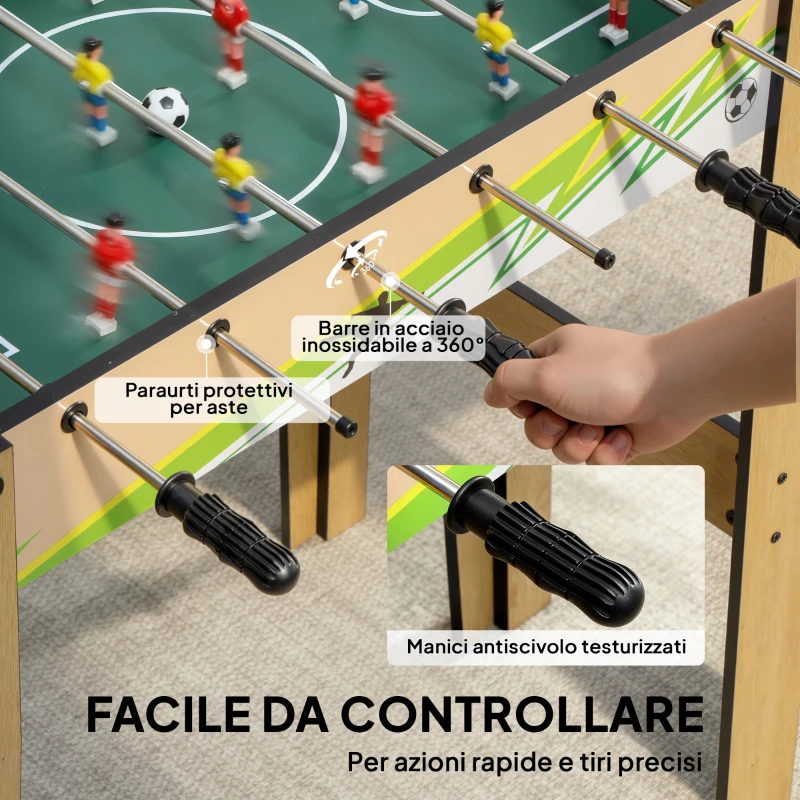 SPORTNOW Mini Calcio Balilla, Calcetto Balilla 75x66x75cm, 18 Giocatori, 2 Palline, 6 aste, Segnapunti e Maniglie Antiscivolo, Legno Naturale