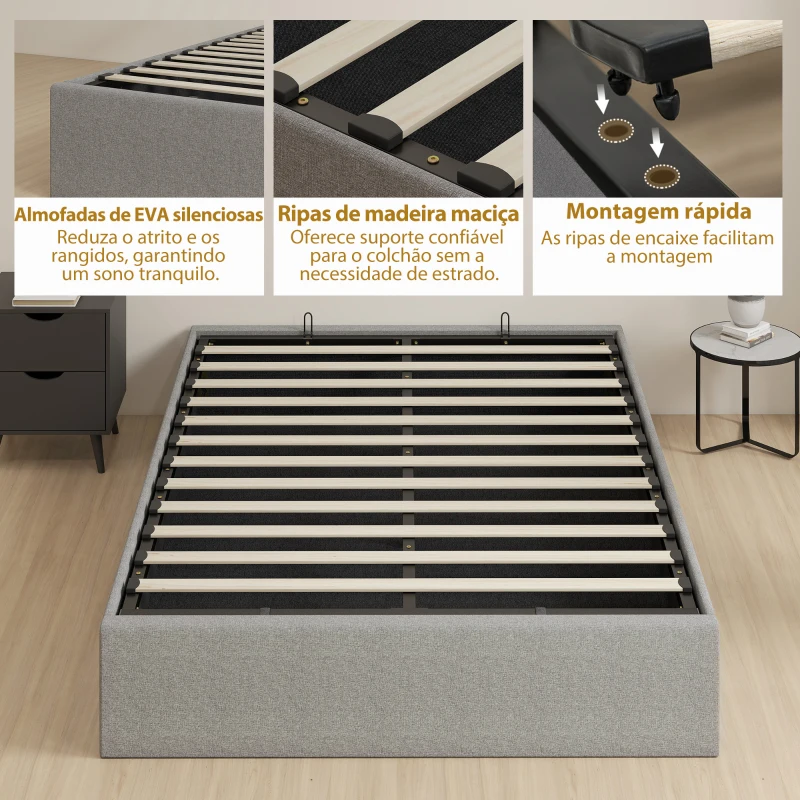 HOMCOM Cama de Casal 140x190 cm com Arrumação Elevatória, Estrutura com Estrado Estofada em Linho Cinzento