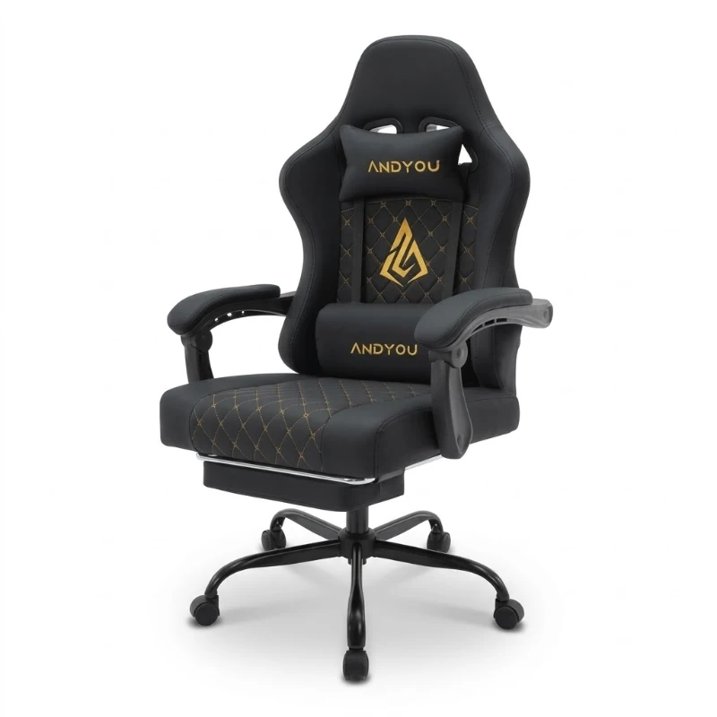 Sedia da gaming con poggiapiedi, morbido cuscino per collo e lombare, cuscini di supporto rimovibili, 60x60x122 cm, Nero