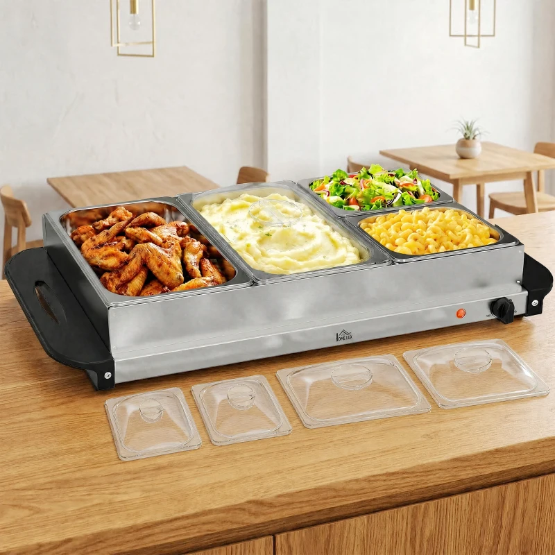 HOMCOM 4 Tray Electric Food Warmer Buffet Server with Warming Plate, Cool Touch Handles, Adjustable Temperature, 300W, 2 x 2.4L and 2 x 1L Pans