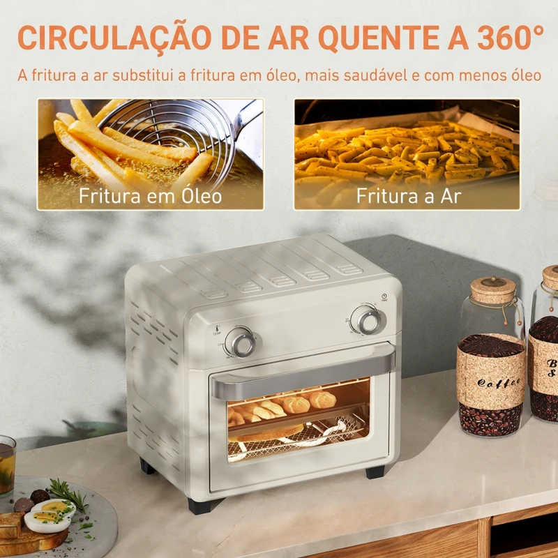 HOMCOM Forno com Fritadeira de Ar 10 L com 2 Manípulos Convecção 360° 80-230 °C Temporizador 60 Min Tabuleiro e Cesto