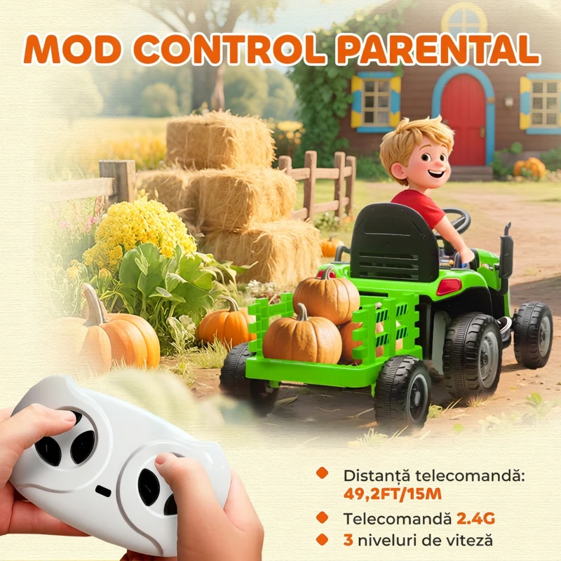 AIYAPLAY Tractor electric pentru copii cu remorcă detașabilă și telecomandă, din plastic și metal, 139x58x55 cm, verde