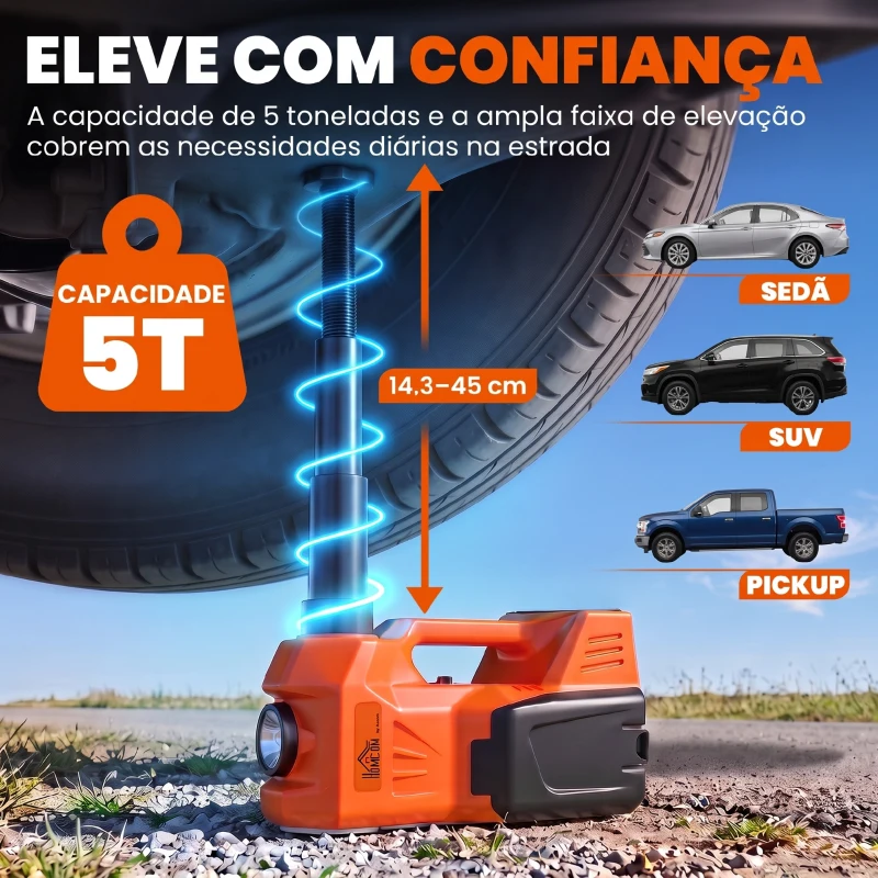 HOMCOM Kit de Macaco Hidráulico Elétrico 5T 12V 14,3-45 cm com Luz LED, Bomba de Ar, Chave Sextavada, Martelo e Mala Laranja