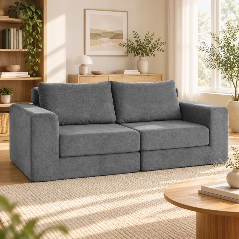 HOMCOM Canapé Convertible 2 Places 4 en 1, Canapé-Lit Compressé en Chenille 208 cm avec Assise Large, 2 Oreillers, Gris