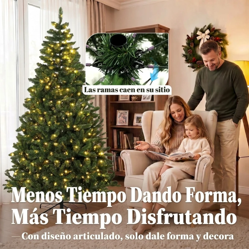 HOMCOM Árbol de Navidad 210 cm con 350 Luces LED 11 Modos Mando a Distancia 1210 Puntas Base de Acero Plegable Verde