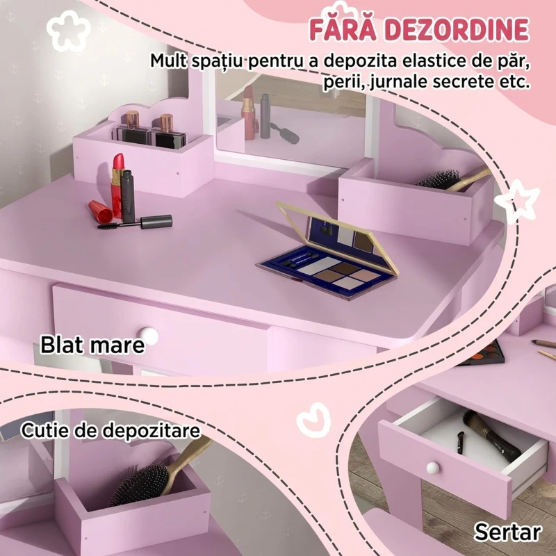 ZONEKIZ Set de toaletă pentru fetițe cu oglindă, scaun și spații de depozitare, din lemn roz