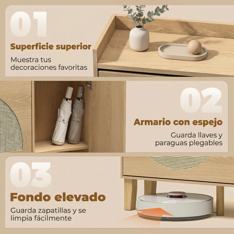 HOMCOM Zapatero Estrecho Bohemio con Espejo 2 Puertas de Ratán Armario 10 Pares Estantes Ajustables 94,5x24x96,5 cm Roble