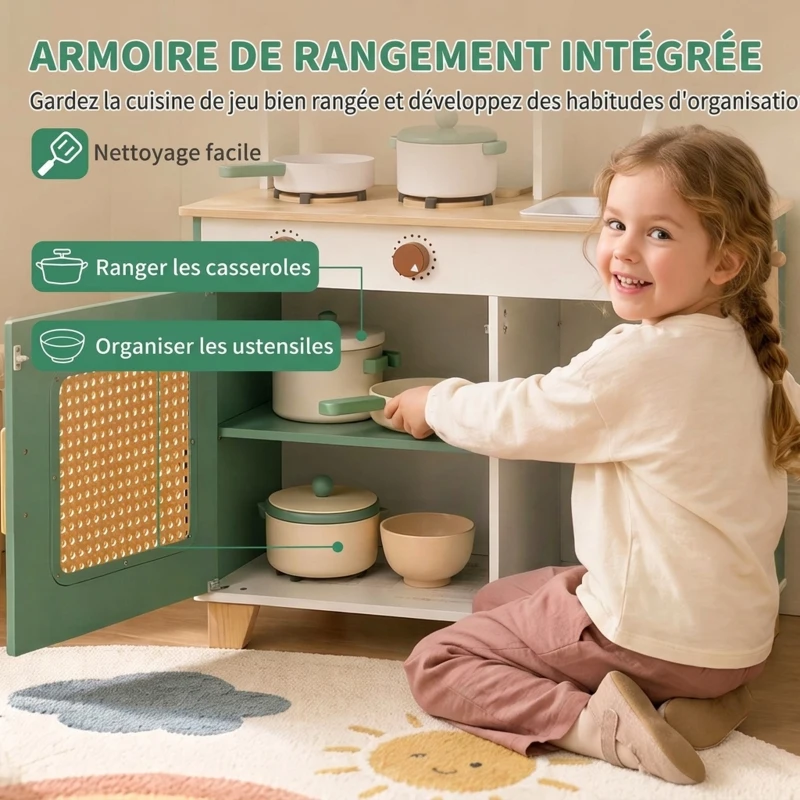 AIYAPLAY Cuisine Enfant en Bois 19 Accessoires, Cafetière, Machine à Glaçons, Micro-Ondes, Placard, 3-6 Ans, 61x27x79,7cm, Vert