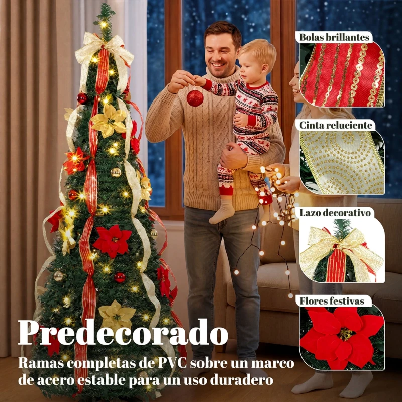 HOMCOM Árbol de Navidad Desplegable 180 cm con 100 Luces LED 11 Modos Mando a Distancia y Decoración Incluida Verde