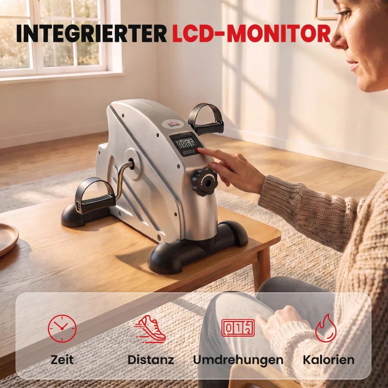 HOMCOM Mini Heimtrainer Arm-und Beintrainer Pedaltrainer für Senioren mit LCD-Display verstellbarer Widerstand Fitnessbike Hometrainer für Zuhause Heim Büro 35 x 40 x 31 cm Silber