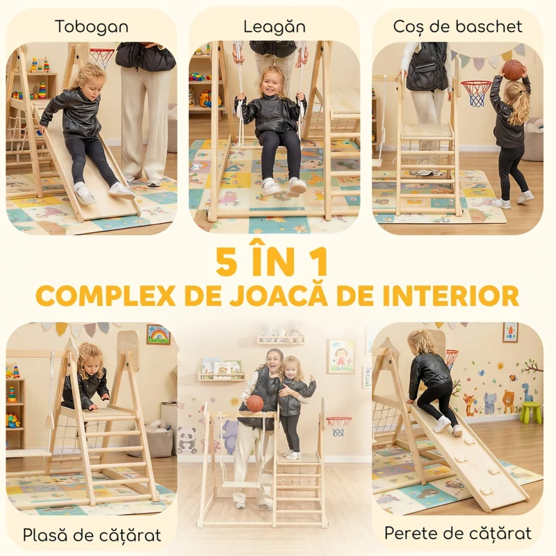 AIYAPLAY Set de Cățărare 5 în 1 Pliabil cu Tobogan, 2 Panouri, Leagăn și Coș, din Lemn, 140x172,5x116,5 cm
