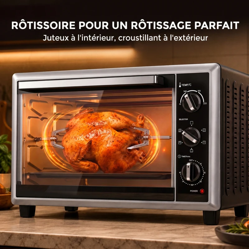 HOMCOM Mini-Four Électrique avec Broche Rotative 46L 1800W, Four à Convection Multifonction, Chaleur Tournante, Minuterie, Noir