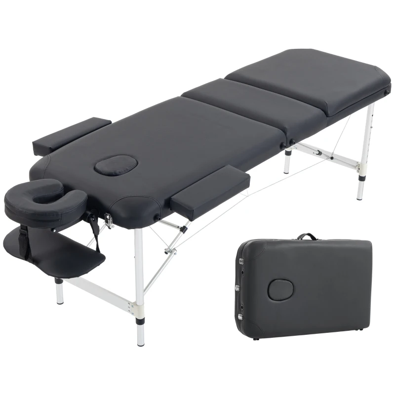 HOMCOM Foldable Massage Bed Portable Table, 3-Section Aluminium Foldable Beauty Couch with Headrest Support, 60 cm Width Black