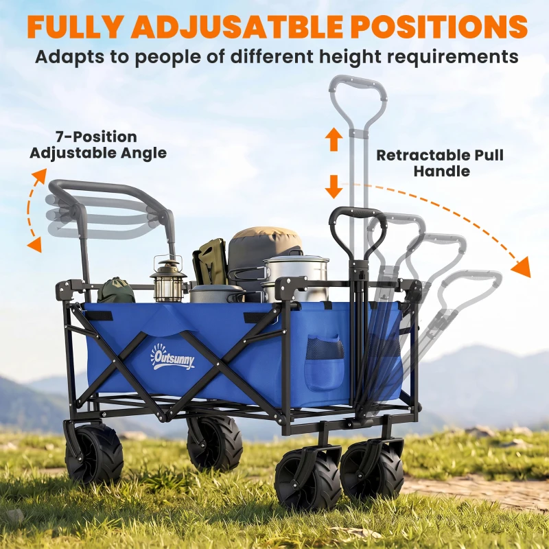 Outsunny 180L Festival Trolley on Wheels, Push & Pull Beach Cart with Removable Canopy, Wide All-Terrain Wheels, Folding Camping Trolley Cart, Adjustable Handle for Garden Fishing Shopping, Blue