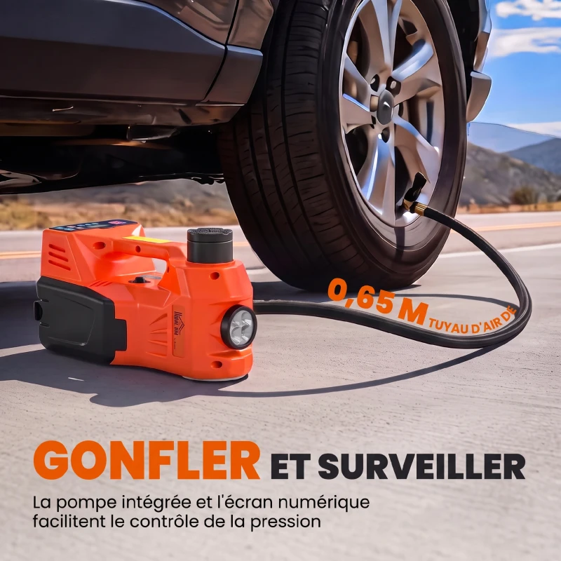 HOMCOM Cric Hydraulique Électrique 5T, 12V, 143-450 mm, Lumière LED, Pompe Gonflable, Allume-Cigare, 34,3x25,5x17,3cm, Orange