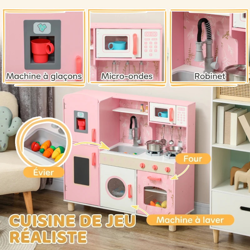 AIYAPLAY Cuisine Enfant avec Glaçons, Micro-ondes, Four, Plaque, Évier, Machine à Laver, Tableau, 90x 33,3x91,6cm, Rose