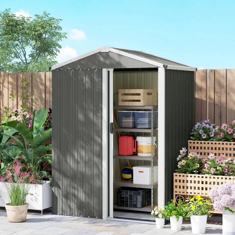 Outsunny Abri de Jardin en Métal 1,2 m², Cabane Jardin Extérieure, Porte Coulissante Verrouillable, 136x87x176cm, Gris Clair