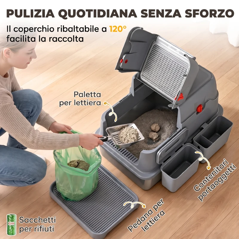 PawHut 3 in 1 Lettiera Gatto Chiusa Grande 49L in Acciaio Inox con Coperchio, Paletta, Pedana, 2 Contenitori, Grigio