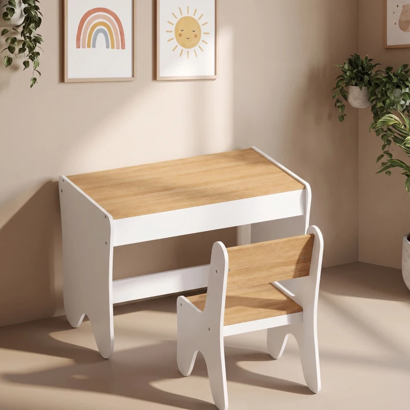 AIYAPLAY Bureau et Chaise pour Enfant 2 Pièces, Ensemble Table d'Activité avec Tiroir, 3 à 8 Ans, Blanc et Bois Naturel