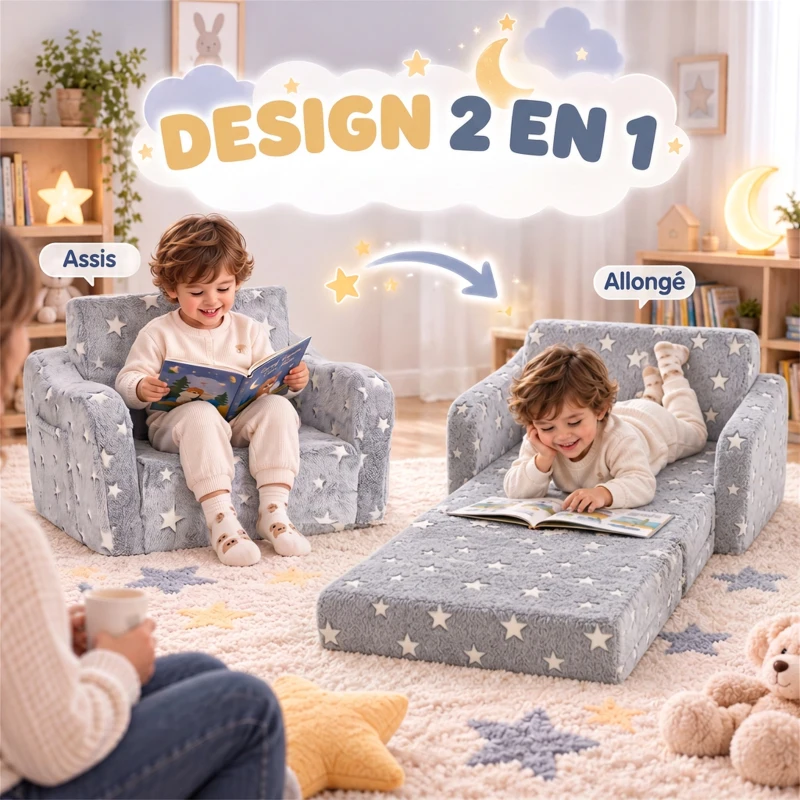 AIYAPLAY Canapé enfant 2 en 1, fauteuil pour enfant avec étoiles phosphorescentes, dépliable en méridienne, gris