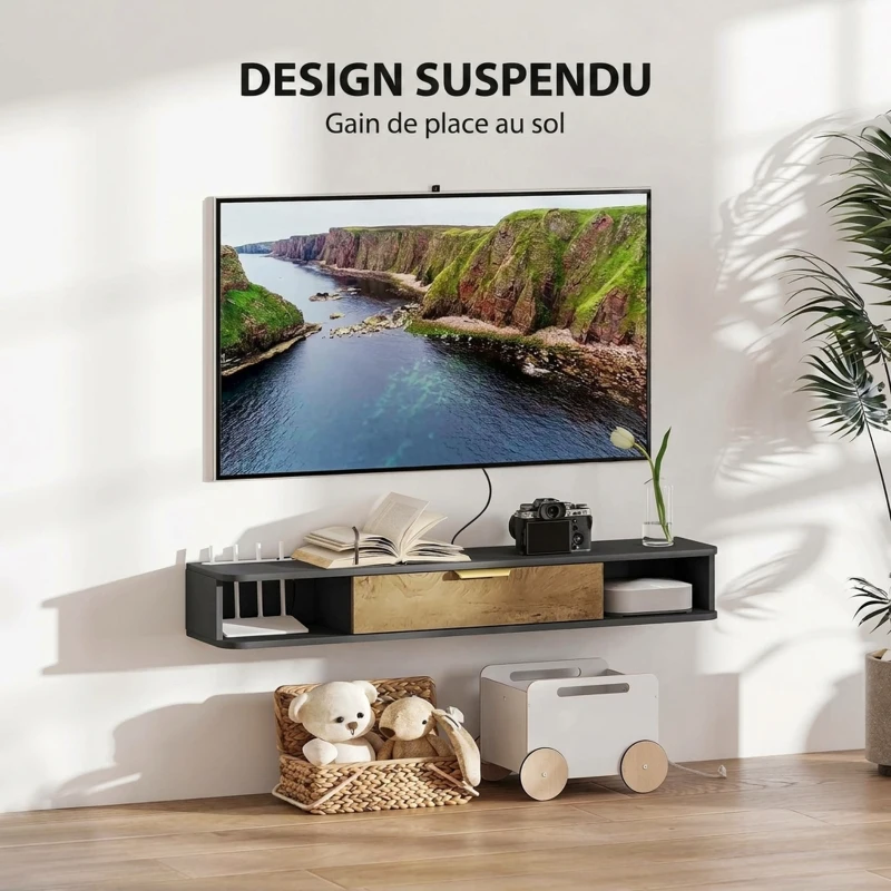HOMCOM Meuble TV Suspendu avec Compartiments Ouverts, Porte Rabattable et Passe-Câbles, 120 x 24 x 16 cm, Gris Foncé