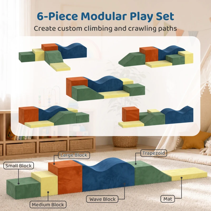AIYAPLAY Kids Soft Play Set, 6PCS Foam Climbing Blocks with Non-Slip Base, Indoor Soft Playground for Climbing and Crawling