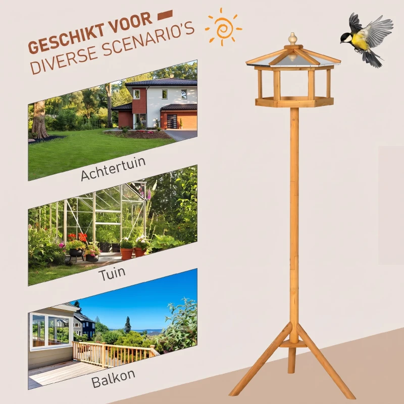 PawHut Houten vogelvoederhuis op standaard met platform en schuin metalen dak, Ø57,7 x 153 cm, naturel