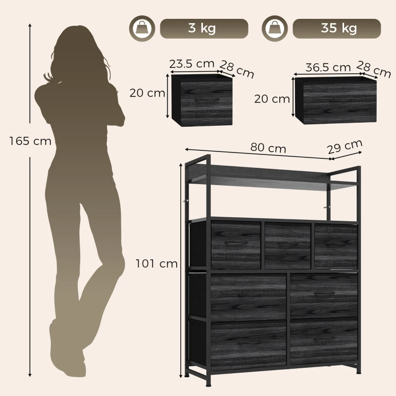 HOMCOM Chest of Drawers, Bedroom Fabric Dresser with 7 Drawers, Storage Organiser Unit with Open Shelves, Black Wood-Effect