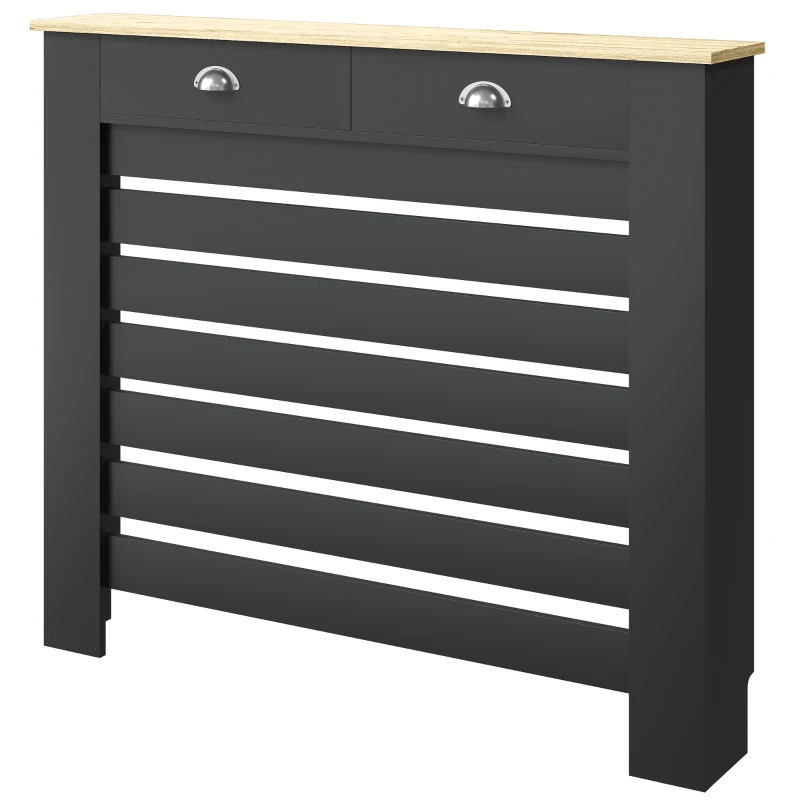 HOMCOM Couvercle de Radiateur, Cache-Radiateur, Grille à Lattes Horizontales avec 2 Tiroirs en Bois, 111 x 19 x 95,5 cm, Noir