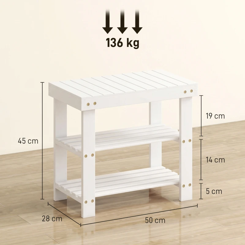 HOMCOM Banco Zapatero de Bambú con Asiento y 2 Estantes para 4 Pares para Entrada Salón Dormitorio 50x28x45 cm Blanco