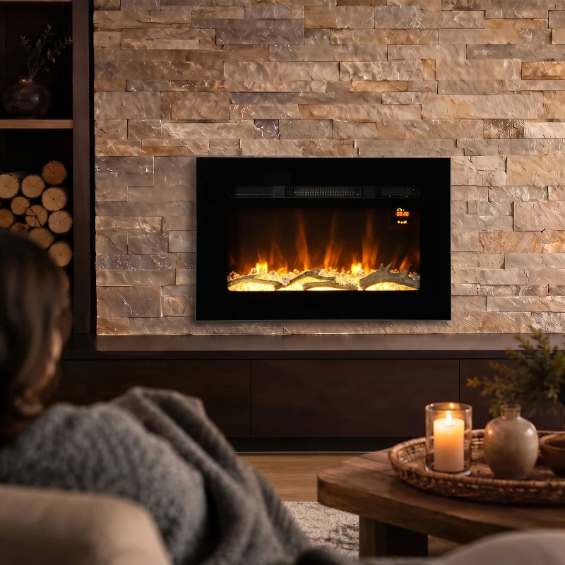 HOMCOM Elektrischer Kamin 60 cm zum Einbau oder an der Wand, 1800W, 24‑Stunden‑Timer, verstellbare Flamme, Kristalle