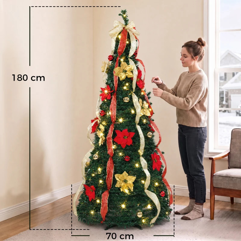 HOMCOM Árbol de Navidad Desplegable 180 cm con 100 Luces LED 11 Modos Mando a Distancia y Decoración Incluida Verde