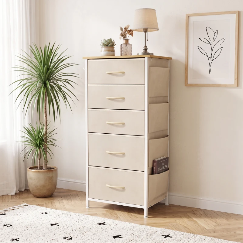 HOMCOM Chest of Drawers, Dresser with 5 Fabric Drawers, Tall Storage Unit with 4 Pockets and 2 Hooks Steel Frame, Beige