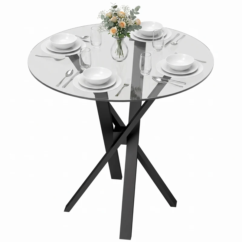HOMCOM Mesa de Comedor Redonda para 4 Personas Ø80 cm Tablero de Vidrio Templado Patas Cruzadas de Acero Transparente