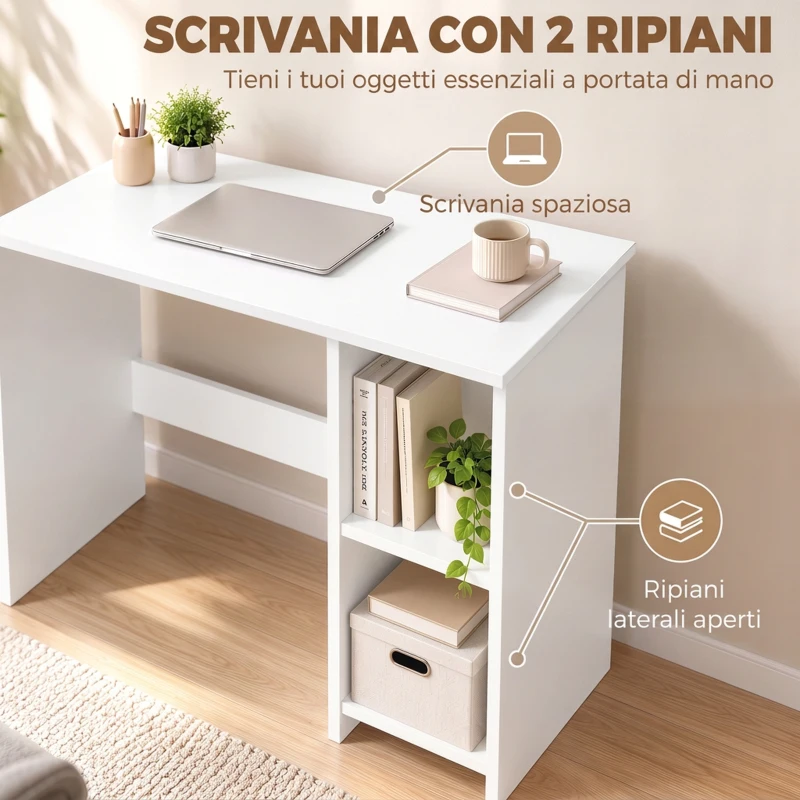 HOMCOM Scrivania per Computer con 2 Ripiani Aperti, 80 cm, Bianco