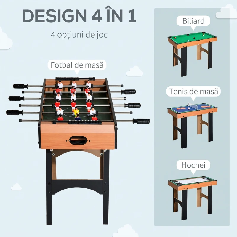HOMCOM Masă Multijoc 4 în 1 cu Fotbal de Masă, Hochei de Masă, Ping Pong și Biliard din MDF, 92x78x80cm