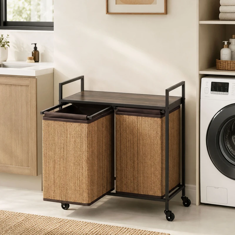 HOMCOM Wasmand Bamboe 2 vakken 120 L Wasverzamelaar met Plank, Wasbox, Verrijdbaar 73x33x78 cm, Bruin