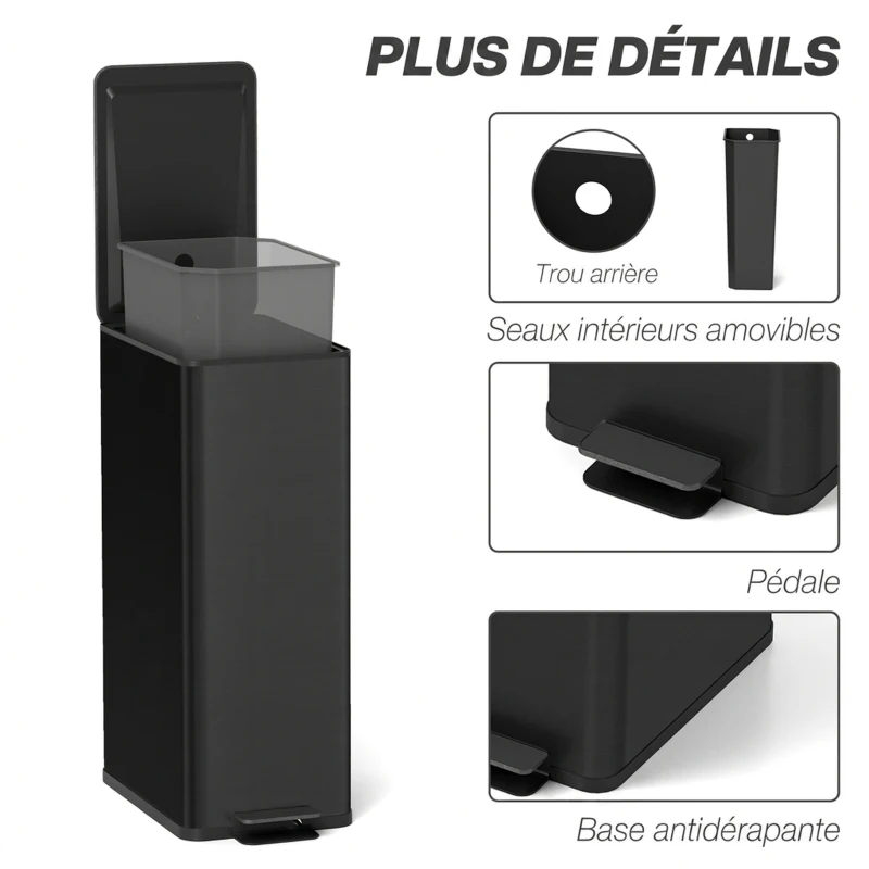 HOMCOM Poubelle de Cuisine 20L en Acier Inoxydable, Couvercle à Fermeture Douce, Compacte avec Seau Intérieur Amovible, Noir