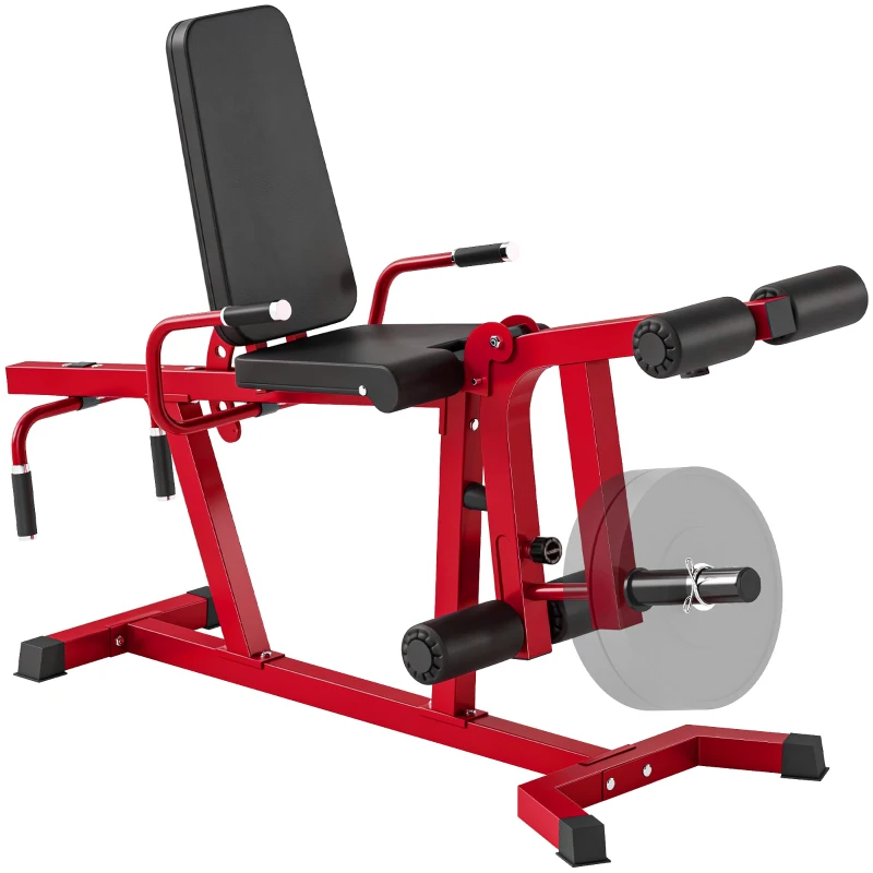 SPORTNOW Machine d'Extension de Jambe 3 en 1 Charge 300 kg, Dossiers et Positions Réglables, Disques Libres, 163x58x118cm, Rouge