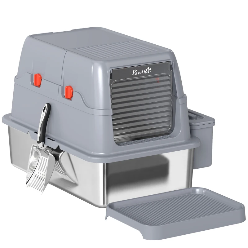 PawHut 3 in 1 Lettiera Gatto Chiusa Grande 49L in Acciaio Inox con Coperchio, Paletta, Pedana, 2 Contenitori, Grigio