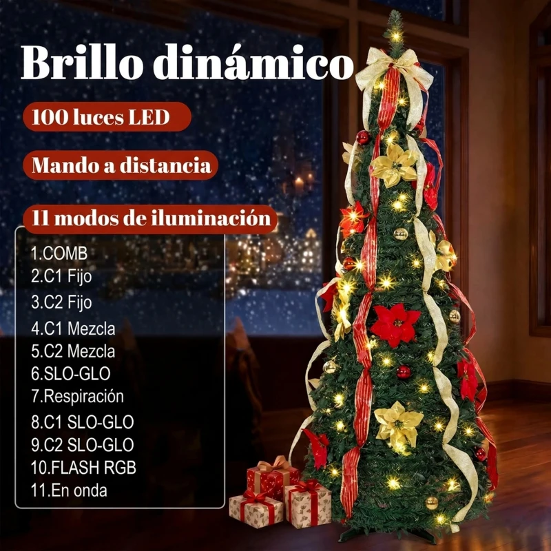 HOMCOM Árbol de Navidad Desplegable 180 cm con 100 Luces LED 11 Modos Mando a Distancia y Decoración Incluida Verde