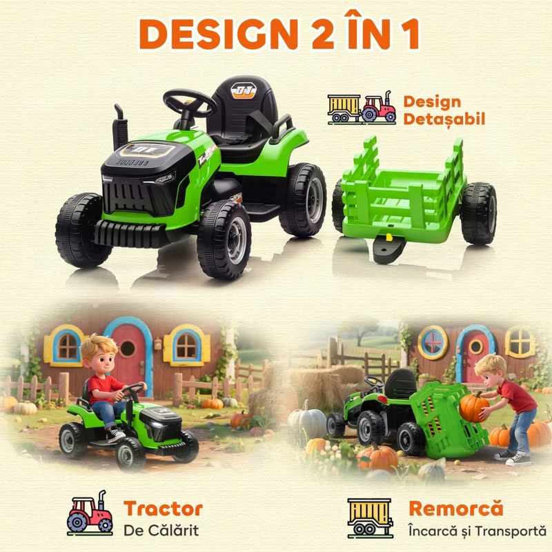 AIYAPLAY Tractor electric pentru copii cu remorcă detașabilă și telecomandă, din plastic și metal, 139x58x55 cm, verde