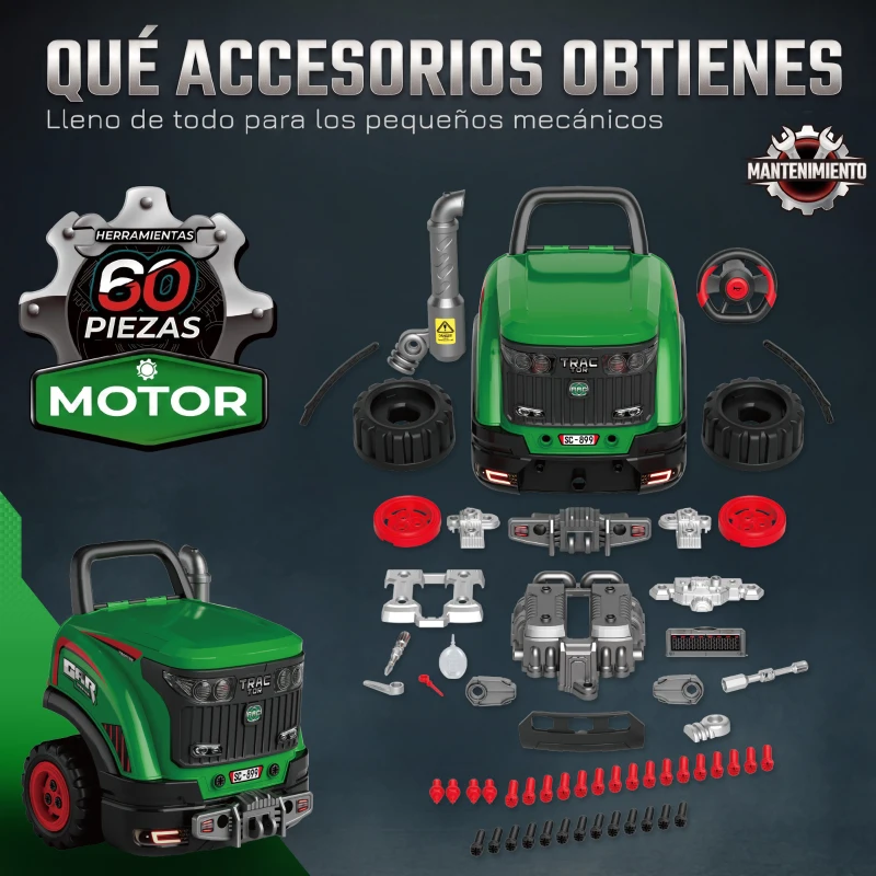 AIYAPLAY Juguete de Motor de Camión para Niños con Vapor Luces Sonidos Set de Reparación Mecánico 3-6 Años Verde