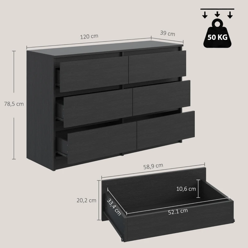 HOMCOM Commode Chambre Adulte, Chiffonnier 6 Tiroirs, Commode Vêtement, Meuble de Rangement Contemporain pour Salon, Noir