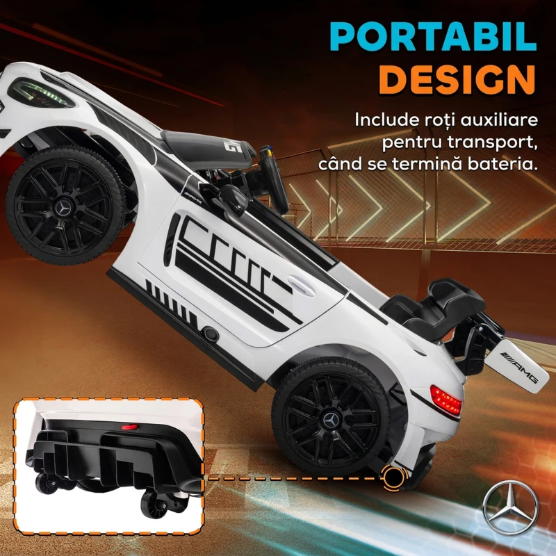 AIYAPLAY Auto Electric pentru Copii de 3-8 Ani Mercedes-AMG 12V cu Telecomandă, Faruri LED, Roți pentru Transport, Alb