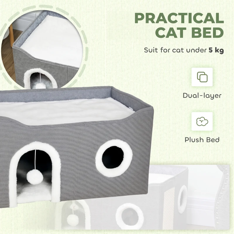 PawHut Cat Bed for Indoor Pets, Foldable Cat House with Fluffy Ball and Scratch Pad for Small and Medium Pets, Grey