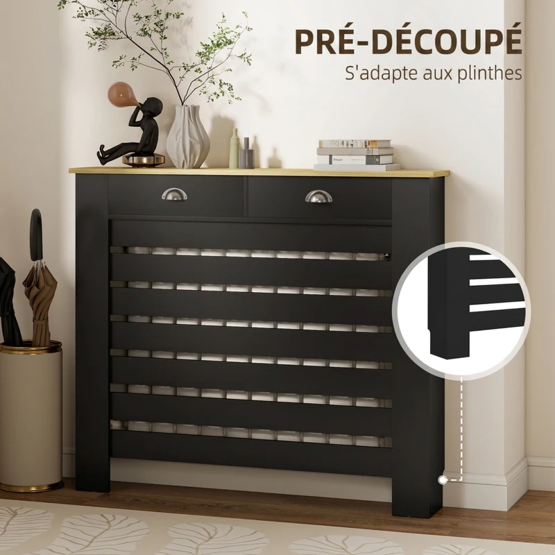 HOMCOM Couvercle de Radiateur, Cache-Radiateur, Grille à Lattes Horizontales avec 2 Tiroirs en Bois, 111 x 19 x 95,5 cm, Noir