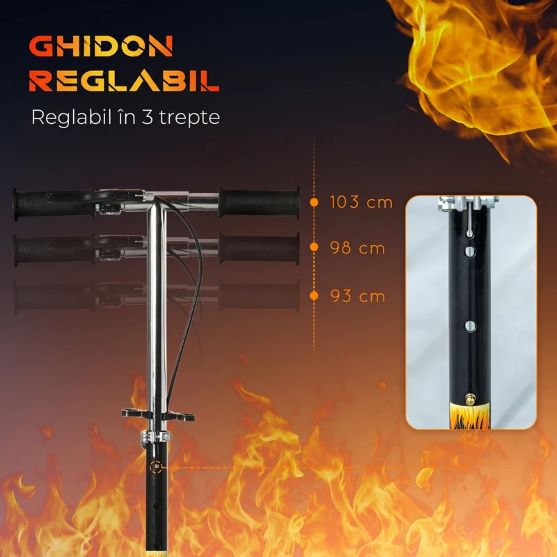 HOMCOM Trotinetă pentru Copii 7-14 Ani cu Ghidon Reglabil pe 3 Înălțimi, 86x35x93/98/103 cm, Neagră